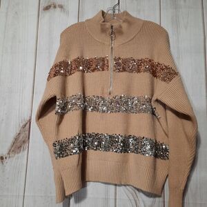 Nine West Sequin Striped Half Zip‎ Mock Neck Pullover Sweater - XL